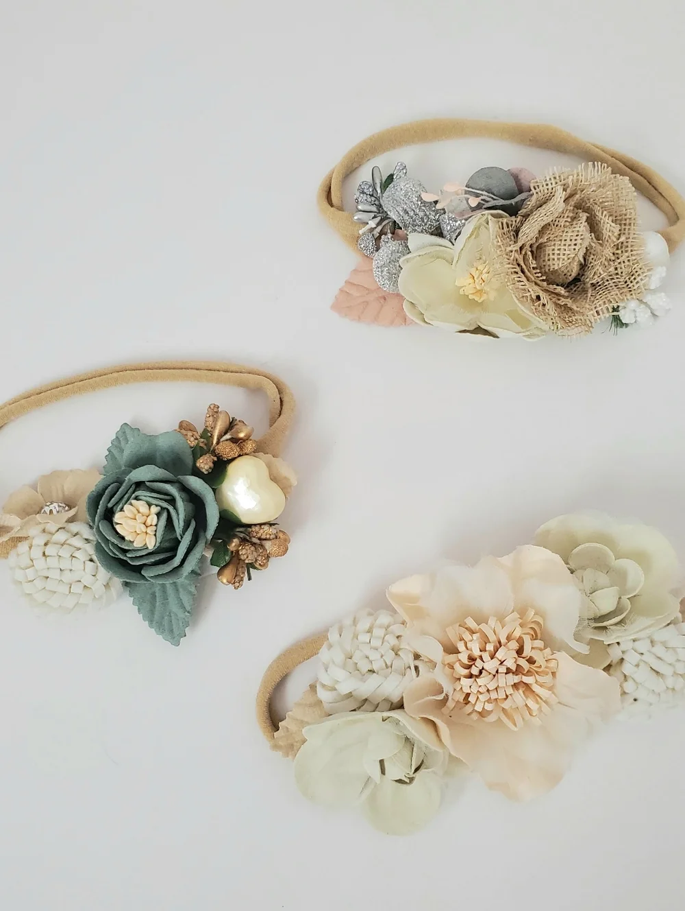 Floral Baby Nude Nylon Headband Set 3 Neutral Cream, Blush & Sage Newborn